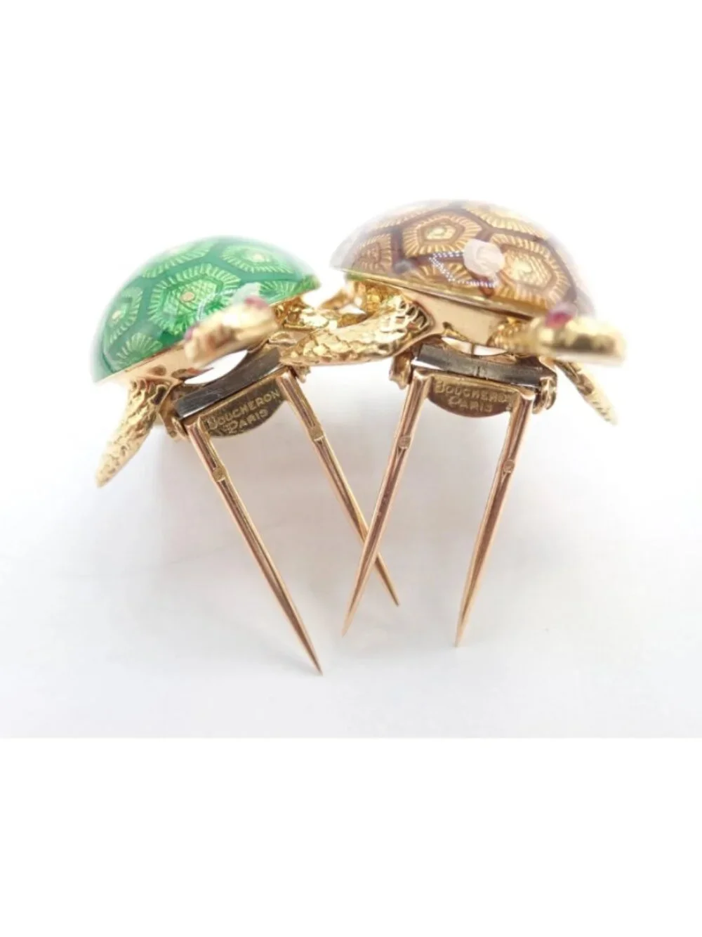 Vintage! Boucheron France 18k Yellow Gold Enamel Set Of Two Turtle Brooches